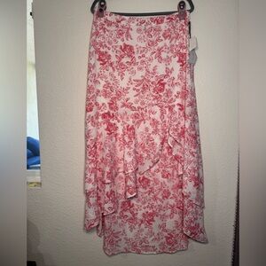 Floral Ruffle asymmetrical, high low Midi Skirt - Pink/White